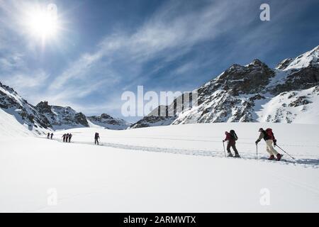 Gruppe von Skibergsteigern während einer Reise auf den alpen Stockfoto