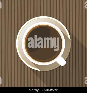 Kaffeetasse auf einer Untertasse mit flacher Ikone, Draufsicht. Weißer Becher voller Kaffee auf gestreiftem Hintergrund. Vector eps10-Abbildung. Stock Vektor
