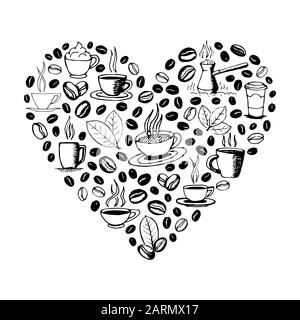 Herzform gefüllt von Hand gezeichneten Kaffee Kritzeleien isoliert auf weißem Hintergrund. Kaffeetasse, Cezve, Bohnen und Blätter Symbole. Skizzener Vektor eps8 Stock Vektor