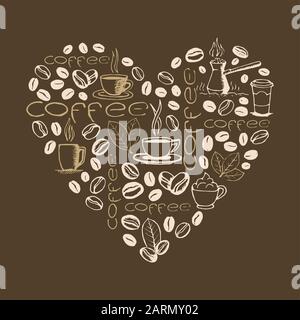Herzform gefüllt mit von Hand gezeichneten Kaffeekritzeln isoliert auf braunem Hintergrund. Kaffeetasse, Cezve, Bohnen, Blätter Symbole und Schriftzüge. Skizzener Vektor Stock Vektor