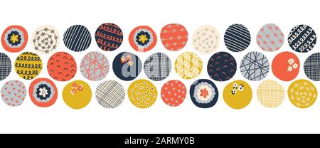 Nahtlose Vektorrahmen bunte Kreise. Blau orange gelbe Punkte mit sich wiederholenden Muster der Doodle-Textur. Abstrakter, handgezeichneter Rand für Banner und Stoff Stock Vektor