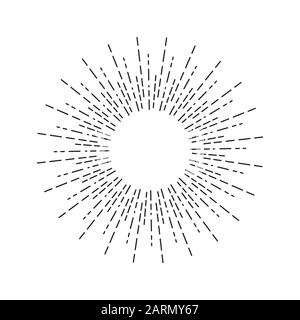 Lineare Zeichnung von Sonnenstrahlen im Vintage-Stil. Sonnenbranne isoliert auf weißem Hintergrund. Stilisiertes Symbol für Sonne im Retro. Sonneneinstrahlung Umriss Vektor illustrr Stock Vektor