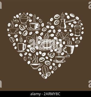 Herzform gefüllt mit von Hand gezeichneten Kaffeekritzeln isoliert auf braunem Hintergrund. Kaffeetasse, Cezve, Bohnen und Blätter Symbole. Skizzener Vektor eps8 Stock Vektor