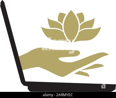 Laptop, goldene Hand und lotusblume Stock Vektor