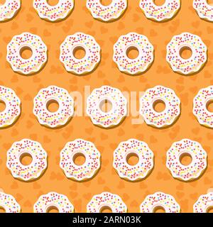 Nahtloses Donut-Muster. Süße Zucker-PuderDonuts in der weißen Glasur auf orangefarbenem cremigem Hintergrund. Einrichtung der Lebensmittelbäckerei. Vektor eps8-Abbildung. Stock Vektor