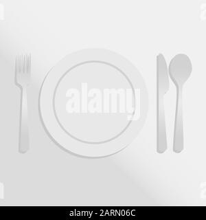 Gradientendarstellung mit weißem Teller und silberfarbenem Besteck über weißem Tischtuch Stock Vektor