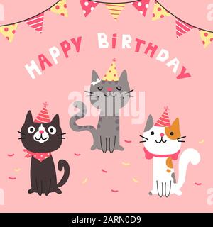 Set mit verschiedenen Cartoon-Katzen. Alles Gute Zum Geburtstag Stock Vektor