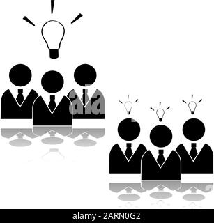 Icon-Set zeigt ein Team von Geschäftsleuten, die eine Idee oder drei separate haben Stock Vektor