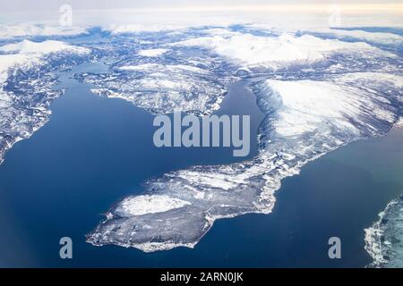 Flug über Tromsø und Nordnorwegen nach München Stockfoto