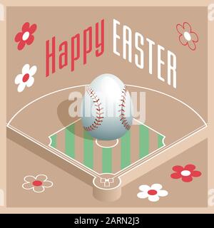 Frohe Ostern. Grußkarte mit 3D-Osterei als Baseballball und isometrischem Baseballfeld. Vektorgrafiken. Stock Vektor