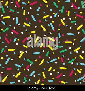 Donut Glasur nahtloses Muster. Cremefarbene Textur mit buntem Besprühen und Perlen auf Schokoladenhintergrund. Einrichtung der Lebensmittelbäckerei. Vektor eps8 Stock Vektor