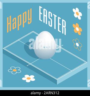Frohe Ostern. Grußkarte mit 3D-Osterei als Tischtennisball und isometrischem Tischtennistisch. Vektorgrafiken. Stock Vektor