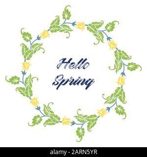 Blattschmuck und gelber Blumenstrahmen für ein Blumendekor mit Hello-Feder-Plakat. Vektor Stock Vektor