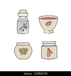Natürliche organische Produkte Behälter Glas Flasche Glas Schüssel und Topf Set von doodles Umrisse lineare Symbole Sammlung von Zutaten fett Honig birch sap Co Stock Vektor
