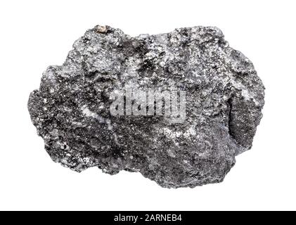 Nahaufnahme der natürlichen Mineralprobe aus der geologischen Sammlung - raues Graphit Gestein isoliert auf weißem Hintergrund Stockfoto