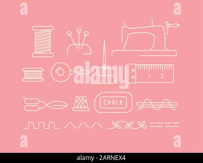 Nähen Werkzeuge Symbole in linearen Stil vintage Objekte für Handarbeit und Handwerk Vektor einrichten Stock Vektor