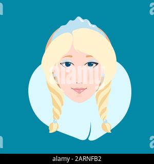 Blonde Frau flach Portrait als Schnee maiden Snegurochka in kokoshnik Eis Krone und blauen Pelzmantel lächelnd Vector Illustration Stock Vektor