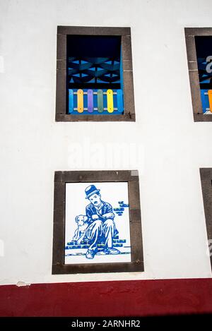 Wandgemälde in den Hinterstraßen von Camara de Lobos auf Madeira mit den Etiketten von Getränkebehältern, einigen amüsanten und einigen berühmten Gesichtern Stockfoto