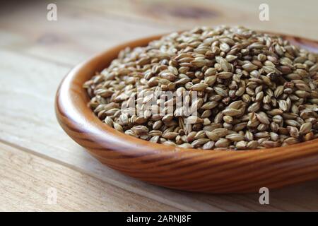 Seitenansicht einer Schüssel voll mit Gerstenmalz, einer der Hauptzutaten in der Bierbrauerei und Scotch Whisky Destillation. Stockfoto