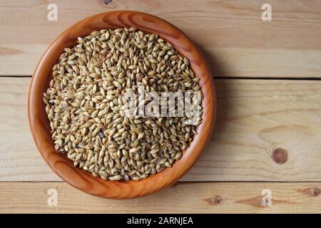 Flache Ansicht einer Holzschüssel voller malzter Gerstenkörner, einer der Hauptzutaten beim Bierbrauen und Whisky-Destillieren. Selektiver Fokus. Stockfoto