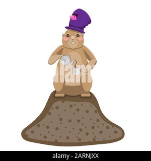 Ein Groundhog gießt Tee aus einer Teekanne in einen Becher mit einem Hut auf dem Kopf, der auf einem Grat auf einem weißen, isolierten Hintergrund steht. Vektorbild. Cartoon Stock Vektor