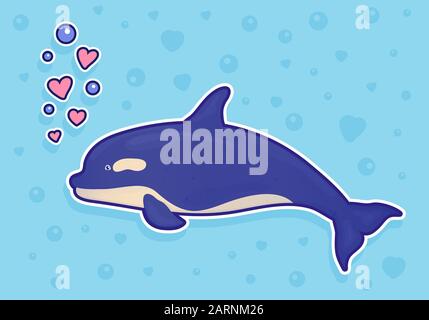 Dolphin Aufkleber auf blauem Hintergrund mit Blasen und Herzen. Meeresfische. Unterwasserwelt der Marine. Vektorgrafiken. Stock Vektor