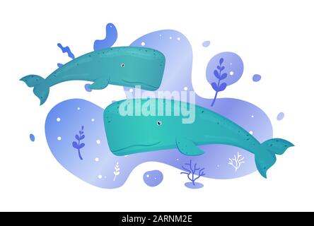 Zwei Wale im Meer. Meeresfische. Unterwasserwelt der Marine. Vektorgrafiken. Stock Vektor