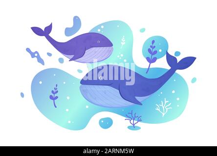 Zwei Wale im Meer. Meeresfische. Unterwasserwelt der Marine. Vektorgrafiken. Stock Vektor