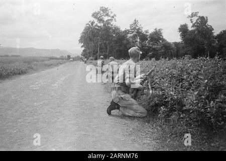 411 Bataillon der Infanterie (Poerwokerto, Bomiajoe, Keboemen) EINE kleine Bande machte die Nachbarschaft von Boemiajoe unsicher. Eine Division der 411. Infanterie des Bataillon sorgte für Frieden in der Gegend, um zurückzukehren. Es war eine kurze, aber heftige Aktion. Ein Bringer-Team am Waldrand, das auf den Feindesanmerkungen lauert: DJK Datum: Februar 1949 Standort: Indonesien, Zentraljava, Niederländisch-Ostindien Stockfoto