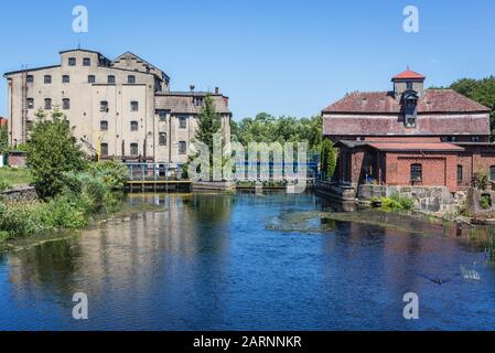 Staudamm an der Rega in Gryfice, der Hauptstadt des Landkreises Gryfice in der Wojewodschaft Westpomeranisch in Polen Stockfoto