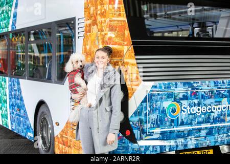 Einembargiert BIS 0001 DONNERSTAG 30. JANUAR REDAKTIONELLE VERWENDUNG NUR Aislin Smith und Hund Faith nehmen an der Enthüllung eines einzigartigen Mosaikbusses livery Teil, Die Gesichter der Kunden und Fahrer von Stagecoach aus ganz Großbritannien werden vorgestellt, um die Einführung des neuen Look Bus Designs in seinem 40. Dienstjahr im Chesterfield Depot in Derbyshire zu feiern. PA Foto. Ausgabedatum: Donnerstag, 30. Januar 2020. Das einmalige Design, das mit Fotos aus einem Jahr langen Projekt mit Fotograf Stuart Roy Clarke erstellt wurde, startet Stagecoachs neue farbcodierte Busse, die über die gesamte Flotte hinweg eingeführt werden Stockfoto