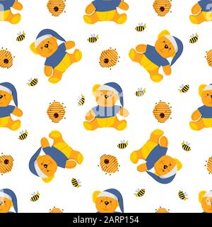 Das nahtlose Muster von Winnie-the-Pooh. Spielzeug isoliert auf weißem Hintergrund. Plüschhexe. Märchenhafte Helden. Buchzeichen. Teddybär.. Stock Vektor