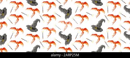 Das Muster ist magisch. Phoenix und sprechender Hut. Harry Potter. Magie UND Hexerei. Magische Gegenstände. Feuervogel. Stock Vektor