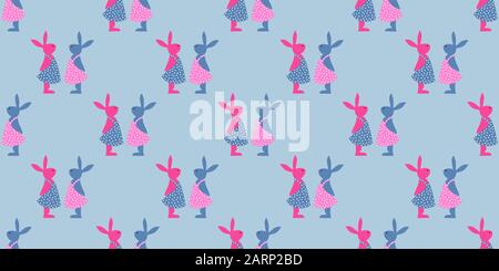 Osterhintergrund. Helles, nahtloses Muster. Osterhasen. Blau und Rosa. Stock Vektor