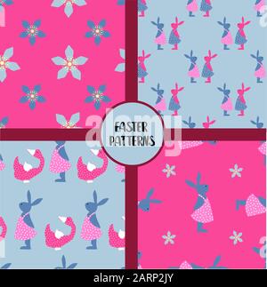 Oster SEAMLESS PATTERNS: Set aus abstraktem Vektorpapier mit dekorativen Blumen, Formen und Symbolen des ostertags. Stock Vektor