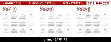 2019, 2020, 2021 Jahr Vektorkalender in aserianischer Sprache, Woche beginnt am Sonntag. Vektorkalender. Stock Vektor