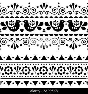 Skandinavier Folk Seamless Vector lang Muster, repetitives süßes nordisches Blumenmuster mit Vögeln in Schwarz auf weißem Hintergrund Stock Vektor