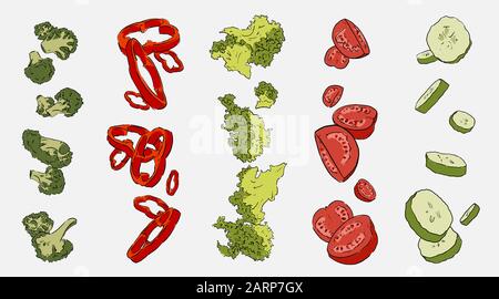 Brokkoli, Paprika, Salat, Tomaten und Gurken im Flug Stockfoto