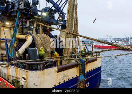 Killybegs, County Donegal, Irland. Januar 2020. Fischer arbeiten an ihren Bootsnetzen bei grauenerregem Regenwetter, während Großbritannien einen Gesetzentwurf zur Beendigung der automatischen EU-Fischereirechte in britischen Gewässern einführt. Der künftige Zugang zu Fisch in britischen Gewässern wäre Sache des Vereinigten Königreichs, zu verhandeln und über die Regeln zu entscheiden, die ausländische Schiffe befolgen müssen. Stockfoto