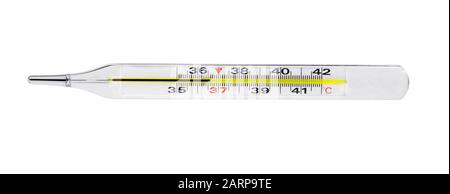 Thermometer medizinisch. Quecksilberthermometer isoliert auf weißem Hintergrund. Stockfoto