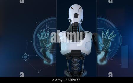 Roboter arbeitet mit Hightech-Touchscreen. 3D illustration Stockfoto