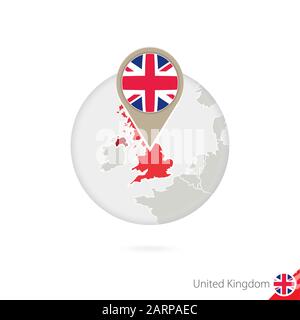 United Kingdom Karte und Flagge im Kreis. Karte von Großbritannien, Flaggenstift Großbritannien. Karte von Großbritannien im Stil des Globus. Vektor Illustrr Stock Vektor