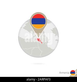 Armenien-Karte und Flagge im Kreis. Karte von Armenien, Flaggenstift Armenien. Karte von Armenien im Stil des Erdballs. Vektorgrafiken. Stock Vektor