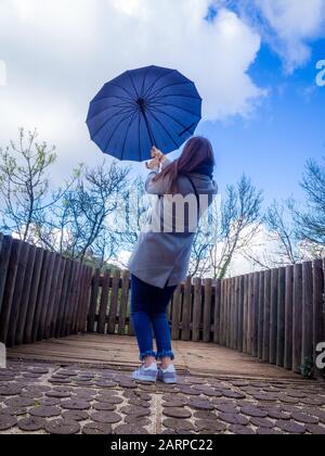 Vertikale Aufnahme einer Frau, die einen blauen Regenschirm hält Eine Brücke, die von blattlosen Bäumen umgeben ist Stockfoto