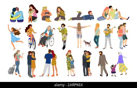 Menschenmenge isoliert auf Weiß. Große Gruppe von Männern und Frauen unter verschiedenen Umständen. Flache Cartoon-Vektorgrafiken Stock Vektor