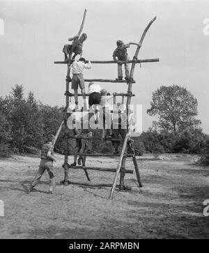 Ferienlager Oude Molen für Kriegswaisen und behinderte Kinder der Stiftung Het Fourth Prinsenkind Datum: 25. August 1951 Ort: Nijmegen Schlüsselwörter: Lager, Kinder, Spiele, zweiter Weltkrieg persönlicher Name: Oude Molen Institutionenname: Stichting Het Fourth Prinsenkind Stockfoto