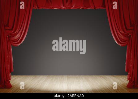 Helle Bühne Mit Vorhängen im Red Velvet Theatre und grauem Hintergrund. 3D-Rendering Stockfoto