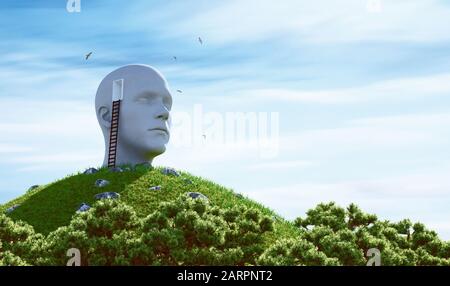 Statue menschlichen Kopf und Leiter auf einem Hügel. Surreales Konzept. 3D-Rendering Stockfoto