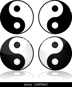 Symbolsatz mit dem traditionellen Yin-Yang-Symbol, das in verschiedenen Stilen dargestellt wird Stock Vektor