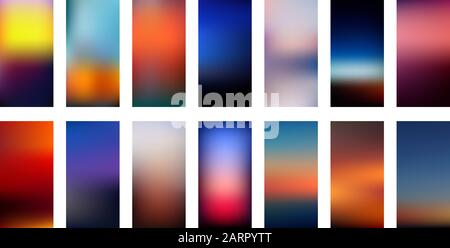Satz von Verlaufsgitterhintergründen in verschwommenen, hellen Farben, inspiriert von Natursonnen. Abstrakte, farbenfrohe, glatte Vorlagen mit einem Effekt ohne Fokus im vertikalen Layout. Vektor in EPS8 ohne Transparenz Stock Vektor